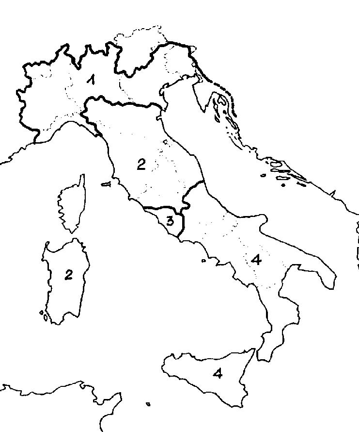 1) Settentrione (Savoia); 2) Centro e Sardegna; 3) Roma (Pontefice); 4) Meridione e Sicilia