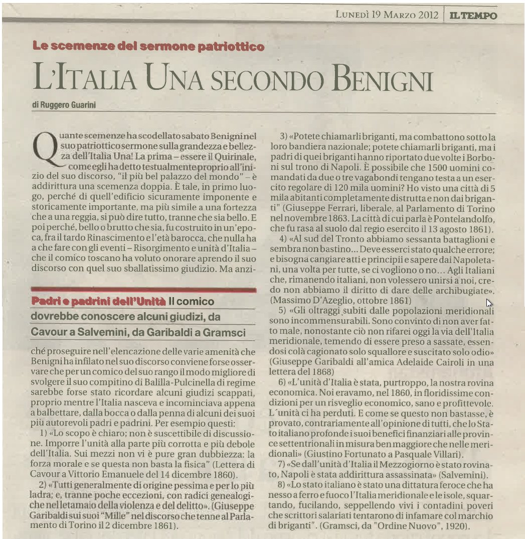 Le scemenze del sermone patriottico - L'Italia Una secondo Benigni - di Ruggero Guarini